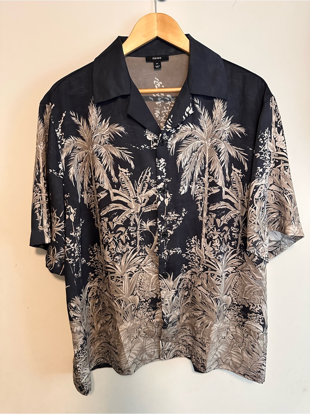 Reiss Black Shirt with Beige Tropical Palm Print